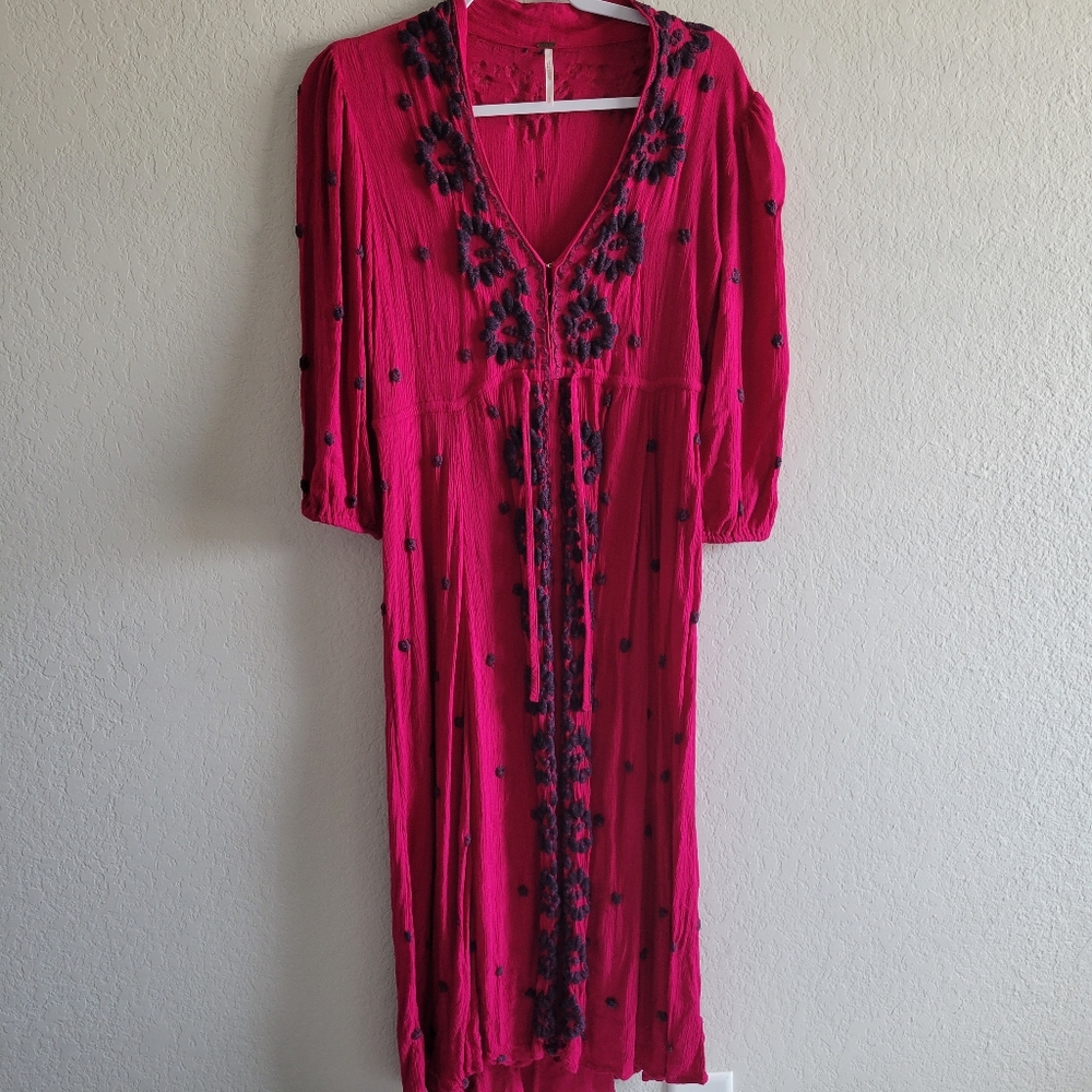 Free people embroidered boho maxi dress hot pink waist draw string size S - Picture 4 of 9